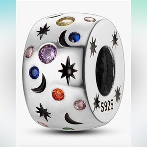 Barrel style Silver 925 Charm with Colorful CZ Moon and stars